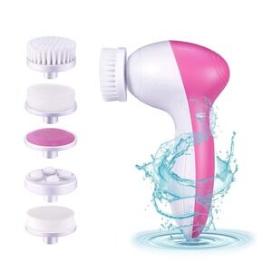 Facial Cleansing Brush Face Spin Brush with 5 Brush Heads Pink White‎
